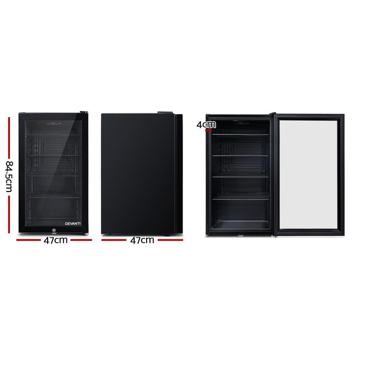 Devanti 98L Bar Fridge Glass Door Mini Fridges Freezer Black - VogueDecor.au