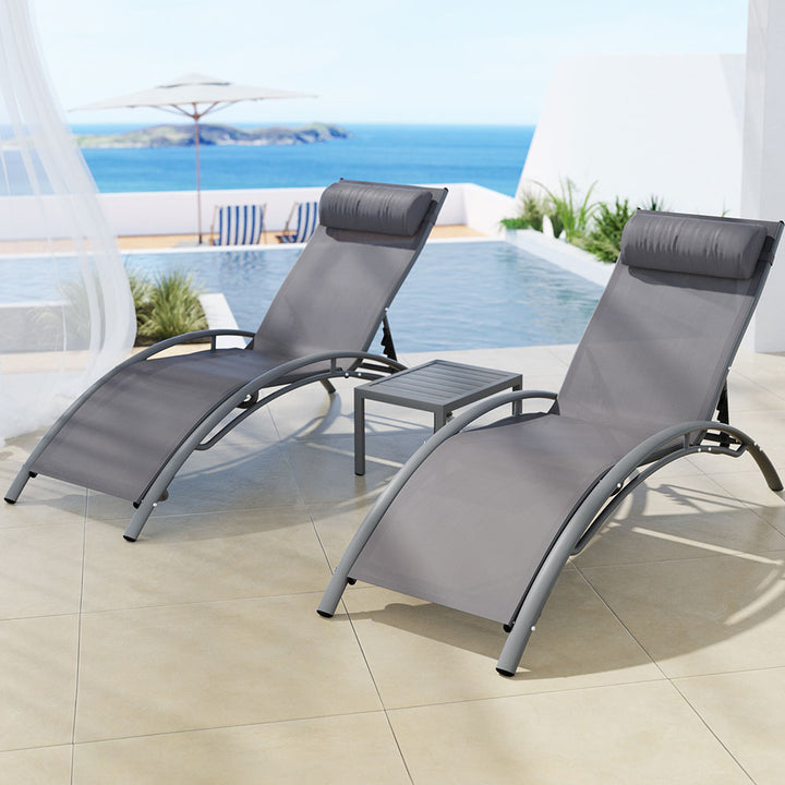 Gardeon 3PC Sun Lounge Outdoor Lounger Steel Table Chairs Patio Furniture Grey - VogueDecor.au