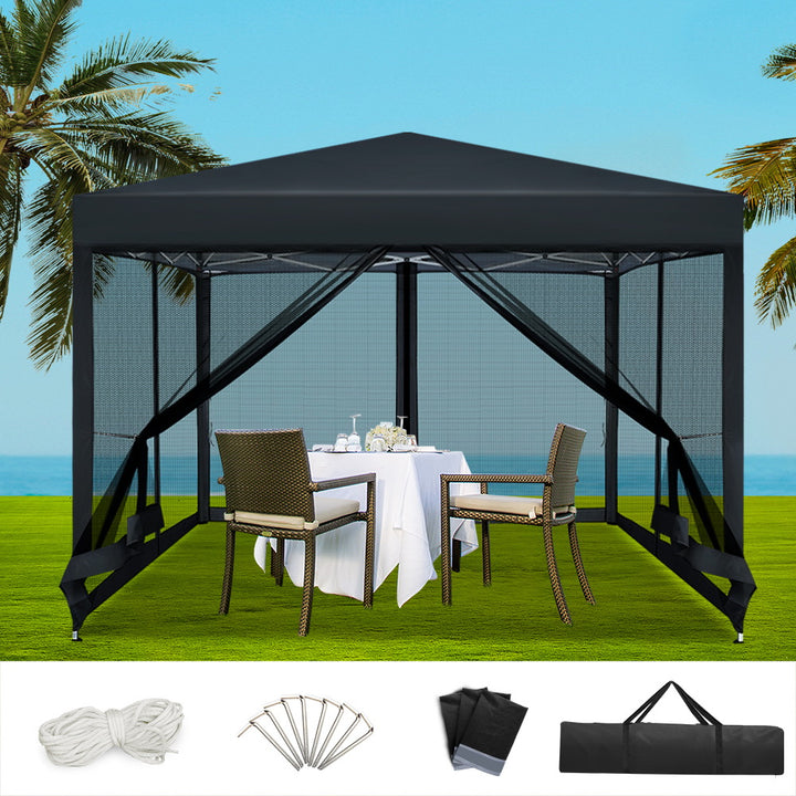 Instahut Gazebo Pop Up Marquee 3x3m Wedding Party Outdoor Camping Tent Canopy Shade Mesh Wall Black - VogueDecor.au