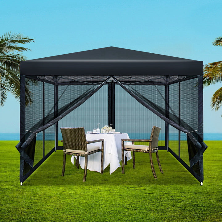 Instahut Gazebo Pop Up Marquee 3x3m Wedding Party Outdoor Camping Tent Canopy Shade Mesh Wall Black - VogueDecor.au