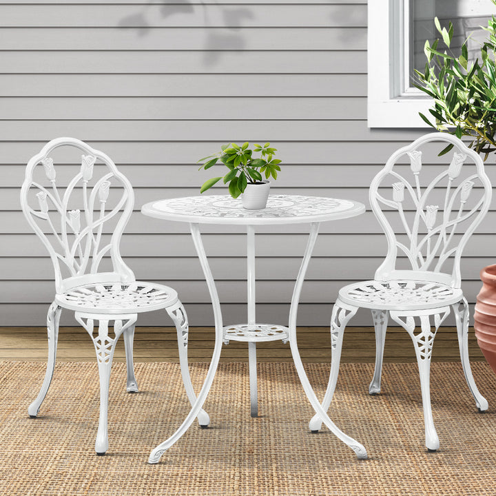 Gardeon 3PC Outdoor Setting Bistro Set Chairs Table Cast Aluminum Patio Furniture Tulip White - VogueDecor.au