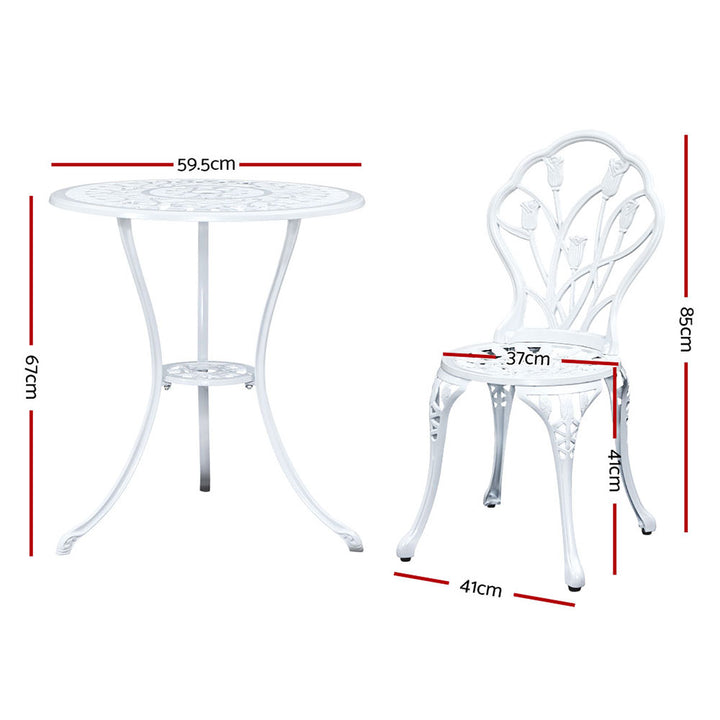 Gardeon 3PC Outdoor Setting Bistro Set Chairs Table Cast Aluminum Patio Furniture Tulip White - VogueDecor.au