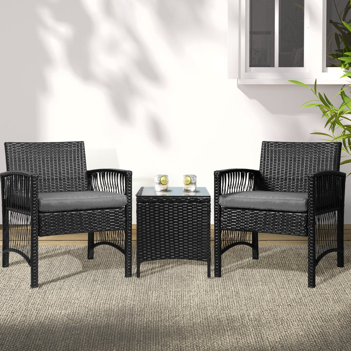 Gardeon 3PC Outdoor Bistro Set Patio Furniture Wicker Dining Chairs Table Cushion Black - VogueDecor.au