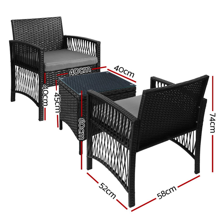 Gardeon 3PC Outdoor Bistro Set Patio Furniture Wicker Dining Chairs Table Cushion Black - VogueDecor.au