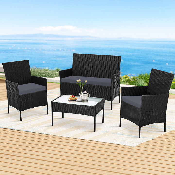 Gardeon 4 Seater Outdoor Sofa Set Wicker Setting Table Chair Furniture Black - VogueDecor.au