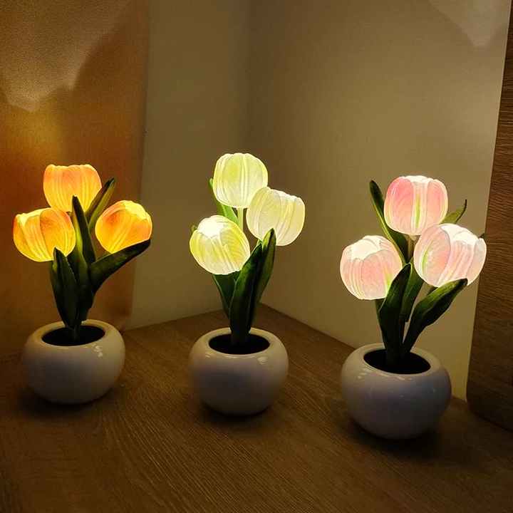 Pink Flowers USB Tulip Night Light - Bedroom Decor Table Lamp with PU Flowers & Ceramic Pot, Perfect Gift for Family & Friends - VogueDecor.au