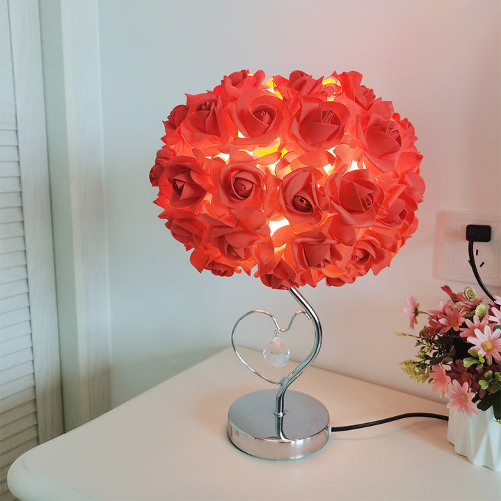 Red Roses And Silver Base Romantic Red Rose Flower Table Lamp - Crystal Heart Accent Bedside Night Light - VogueDecor.au