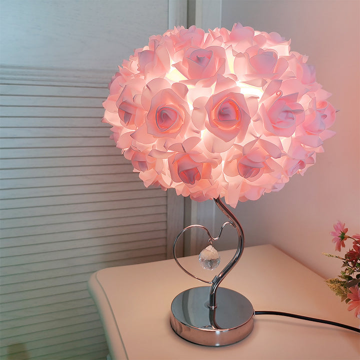 Pink Roses And Silver Base Romantic Red Rose Flower Table Lamp - Crystal Heart Accent Bedside Night Light - VogueDecor.au