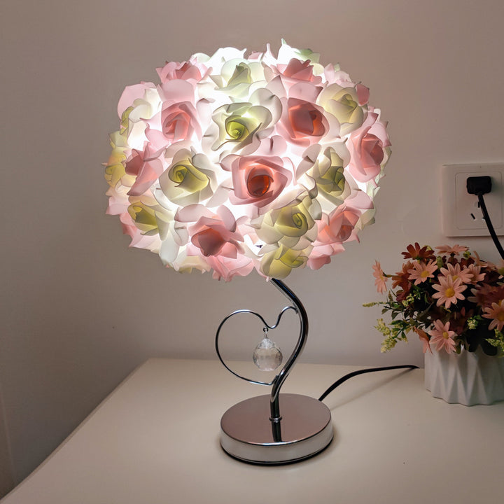 Pink,Green Roses And Silver Base Romantic Red Rose Flower Table Lamp - Crystal Heart Accent Bedside Night Light - VogueDecor.au
