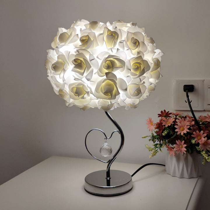 Beige Roses And Silver Base Romantic Red Rose Flower Table Lamp - Crystal Heart Accent Bedside Night Light - VogueDecor.au