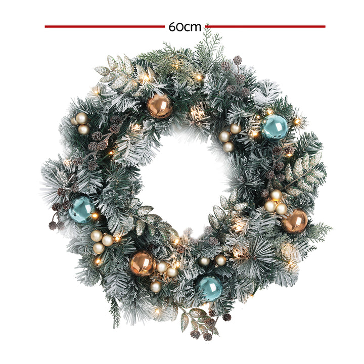 Jingle Jollys 60cm Christmas Wreath with LED Lights Snowy Garland Xmas Decor - VogueDecor.au