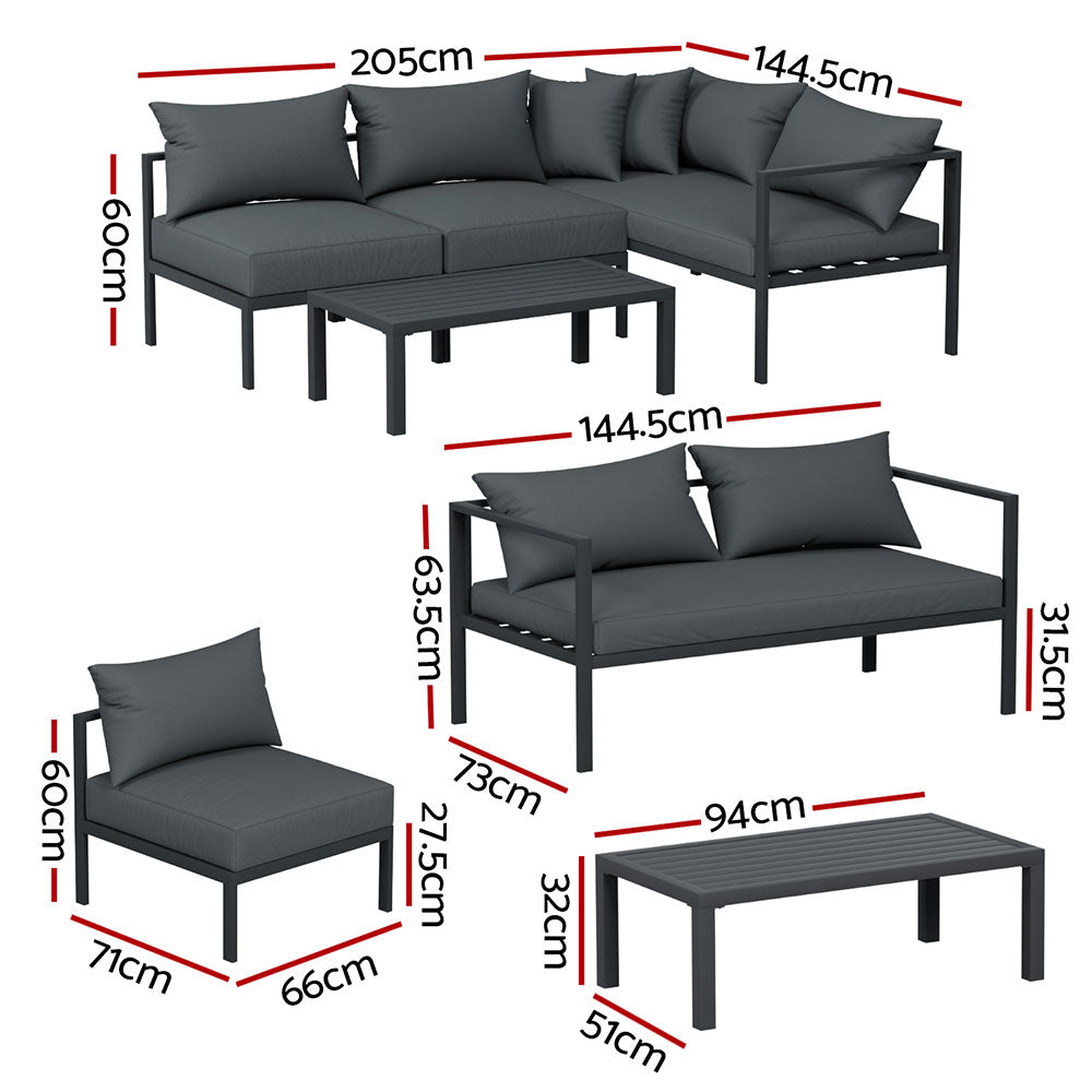 Gardeon 4 Seater Outdoor Sofa Set Aluminium Patio Furniture Setting 4PC Charcoal - VogueDecor.au