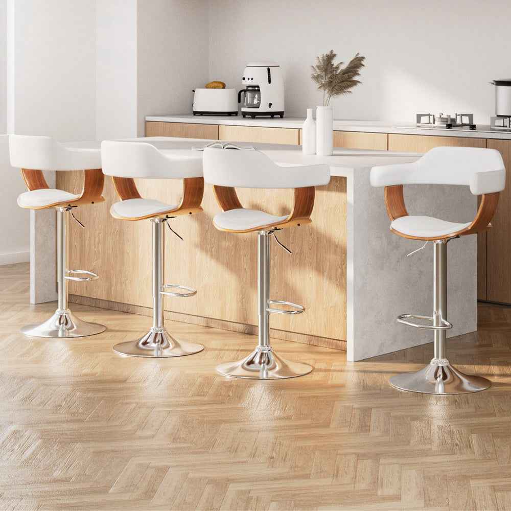 4x Artiss Bar Stools Gas Lift Leather with Armrest White - VogueDecor.au