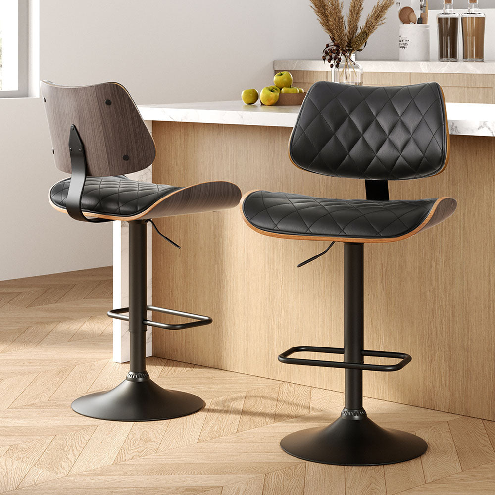 Artiss 2x Bar Stools Kitchen Dining Chairs Gas Lift Stool Wooden Leather Black - VogueDecor.au