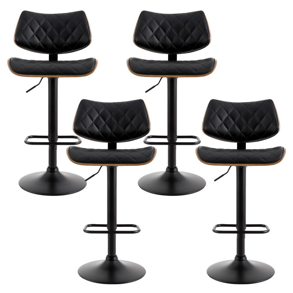 Artiss 4x Bar Stools Kitchen Dining Chairs Gas Lift Stool Wooden Leather Black - VogueDecor.au
