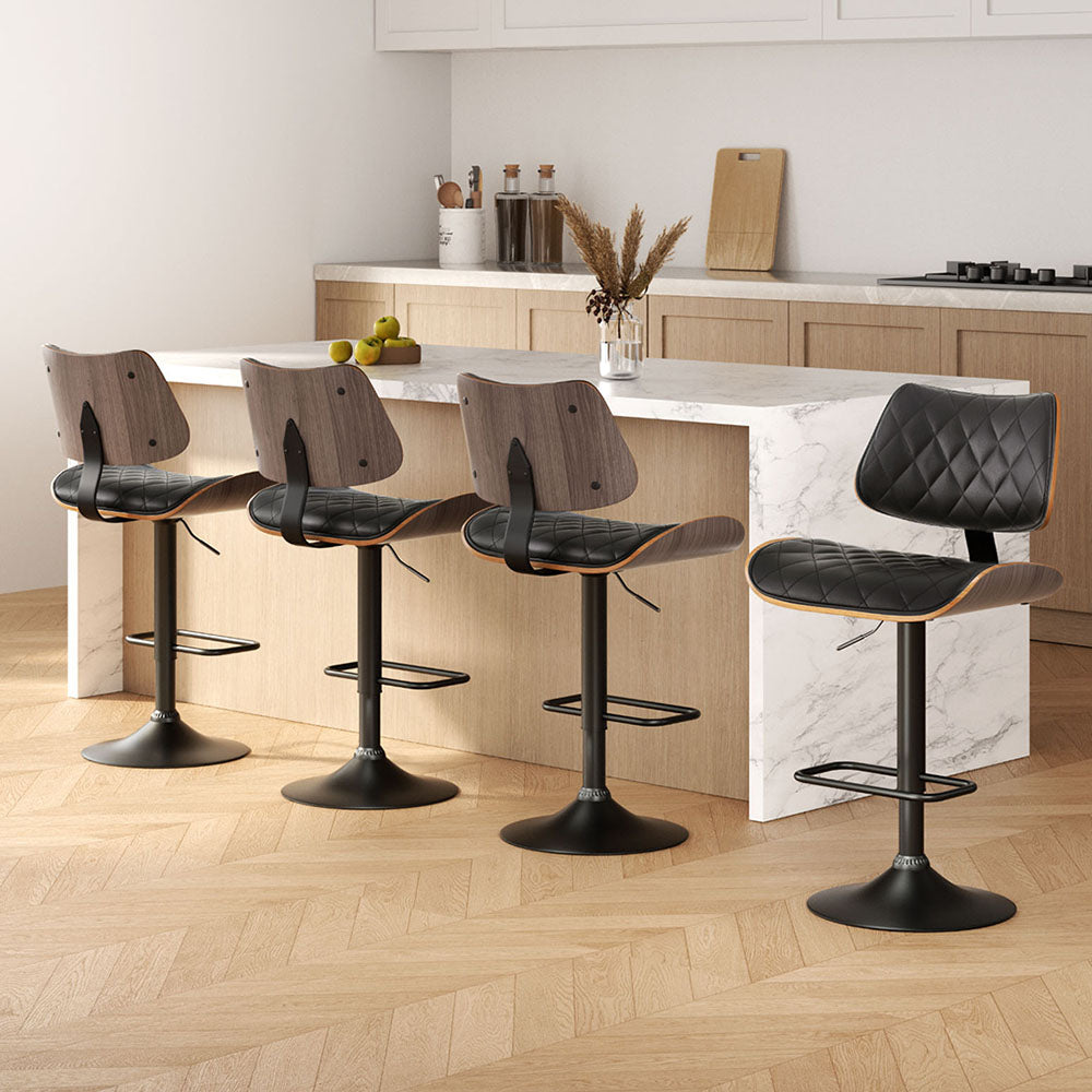 Artiss 4x Bar Stools Kitchen Dining Chairs Gas Lift Stool Wooden Leather Black - VogueDecor.au