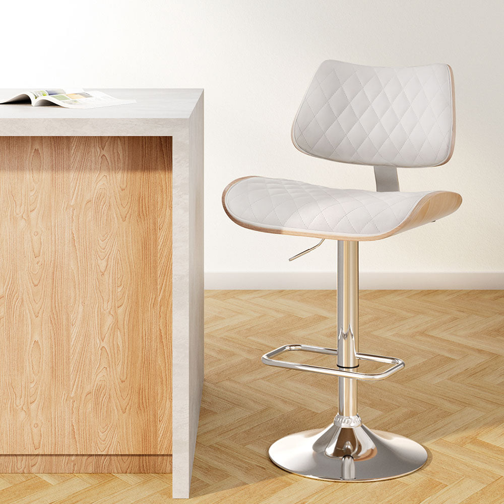 Artiss Bar Stools Kitchen Dining Chairs Gas Lift Stool Wooden Leather White - VogueDecor.au
