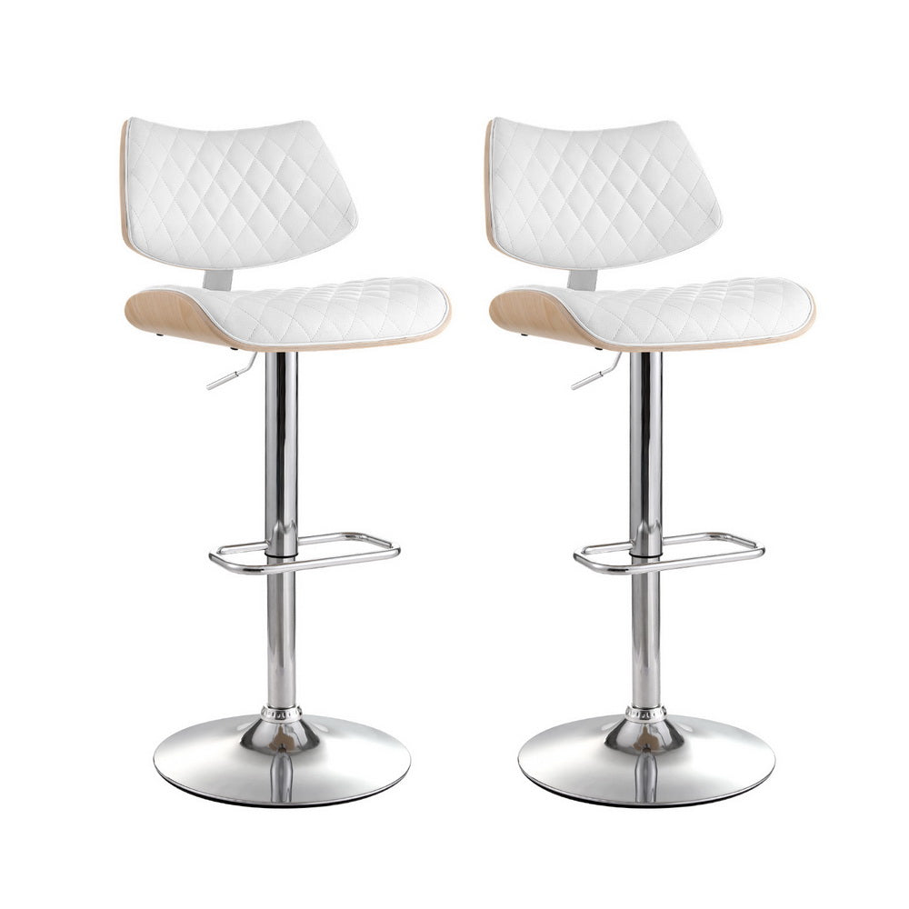 Artiss 2x Bar Stools Kitchen Dining Chairs Gas Lift Stool Wooden Leather White - VogueDecor.au