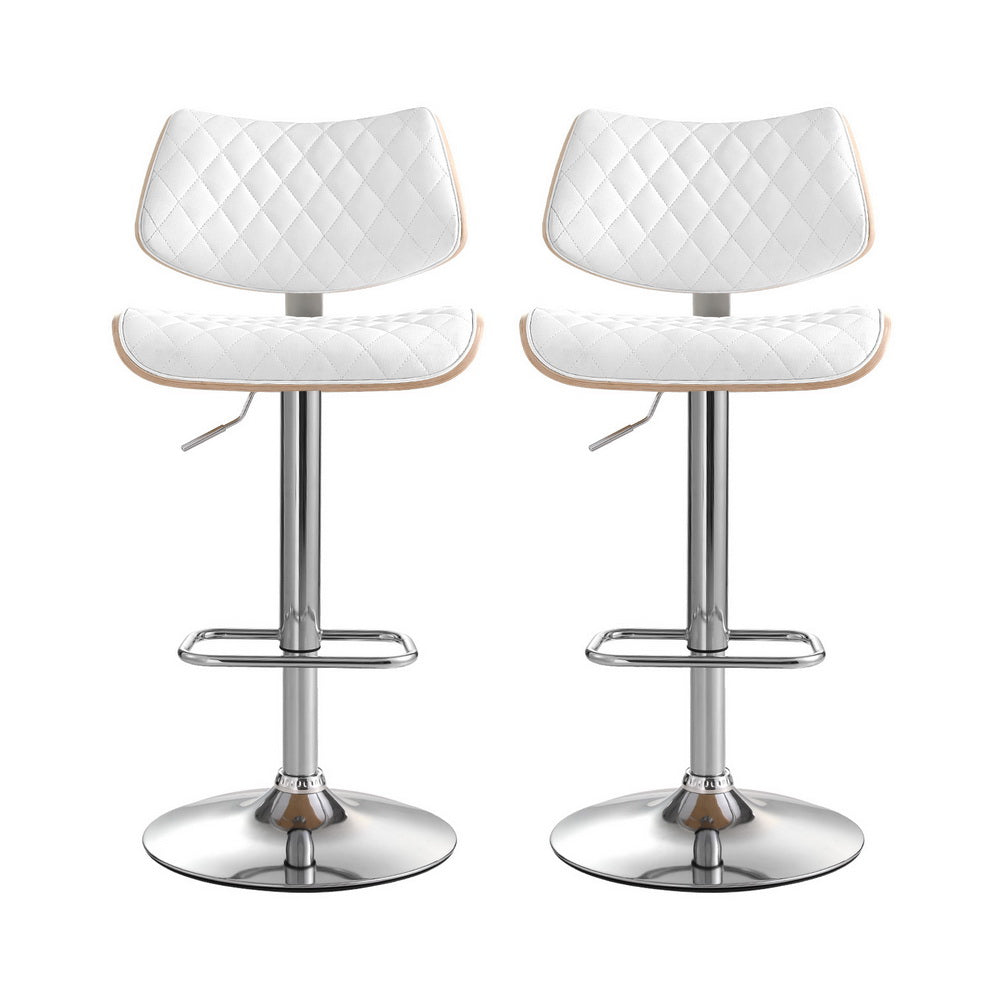 Artiss 2x Bar Stools Kitchen Dining Chairs Gas Lift Stool Wooden Leather White - VogueDecor.au