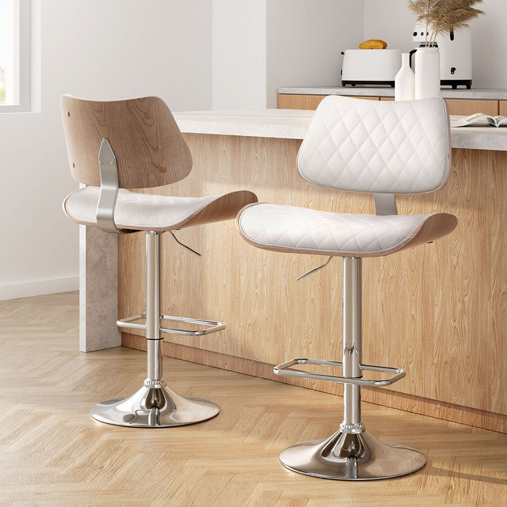 Artiss 2x Bar Stools Kitchen Dining Chairs Gas Lift Stool Wooden Leather White - VogueDecor.au