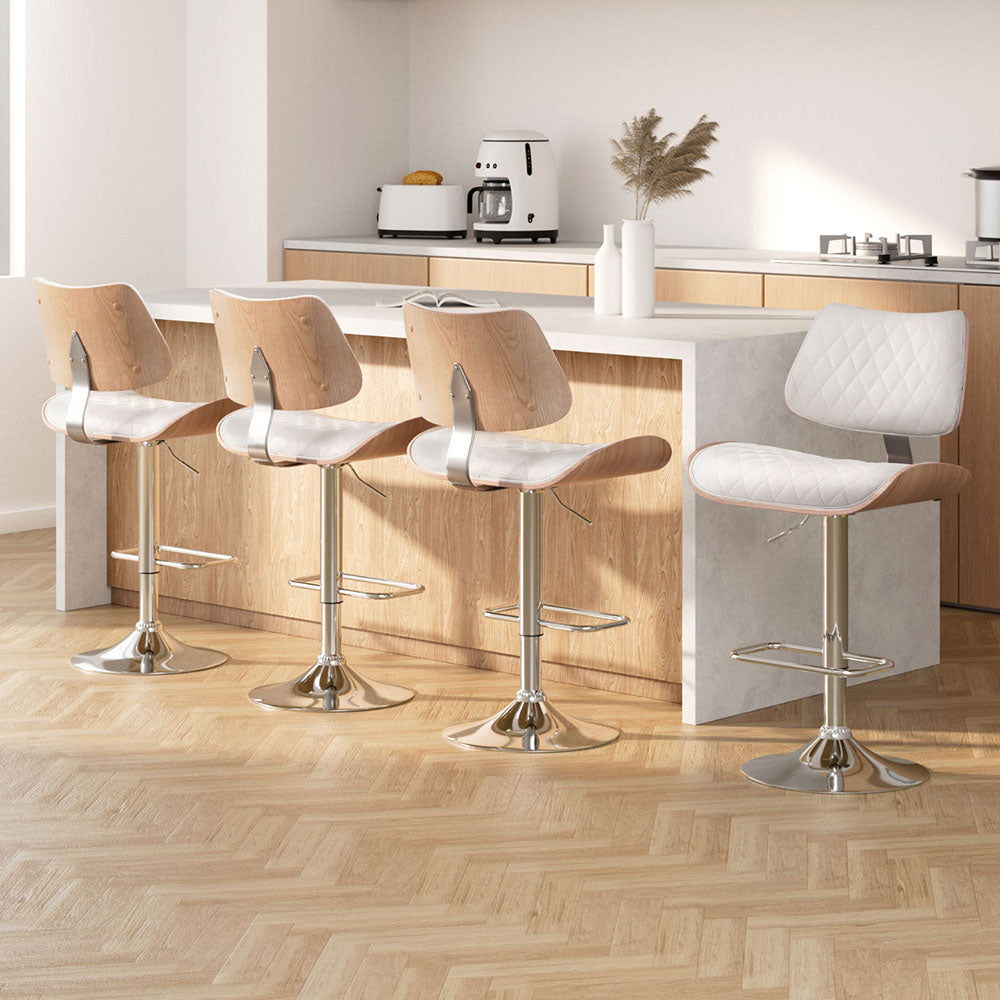 Artiss 4x Bar Stools Kitchen Dining Chairs Gas Lift Stool Wooden Leather White - VogueDecor.au