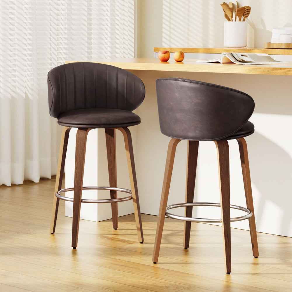 2x Artiss Bar Stools Dining Chairs Contoured Leather Wood Stool - VogueDecor.au