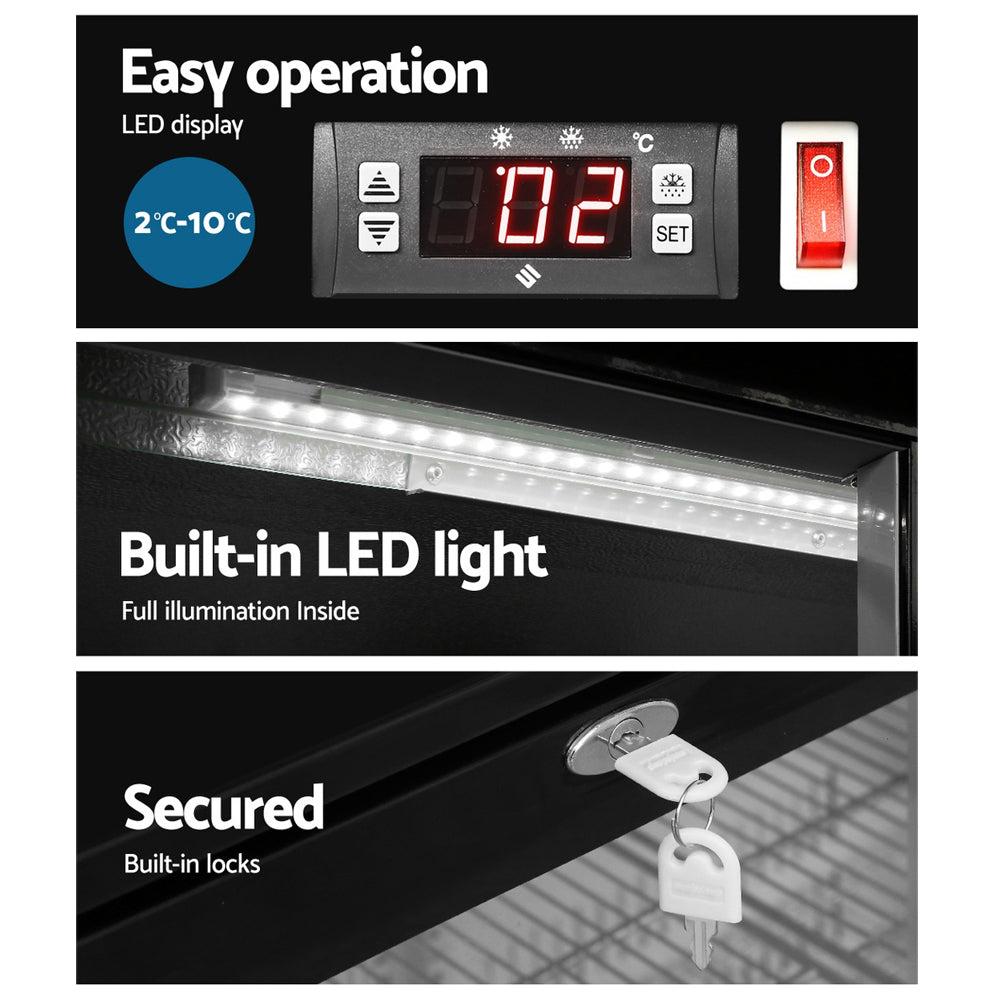 Devanti 198L Bar Fridge Dual Glass Door w/Light Black - VogueDecor.au