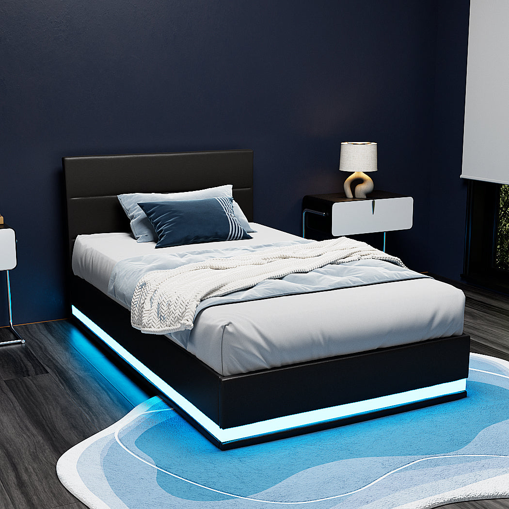 Artiss Bed Frame King Single Size LED Gas Lift Black LUMI - VogueDecor.au