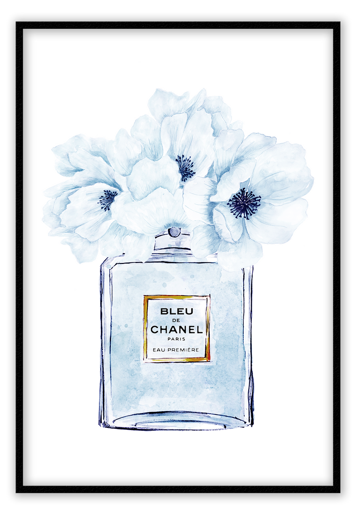 Blue perfume bottle fashion iconic white background Chanel Coco