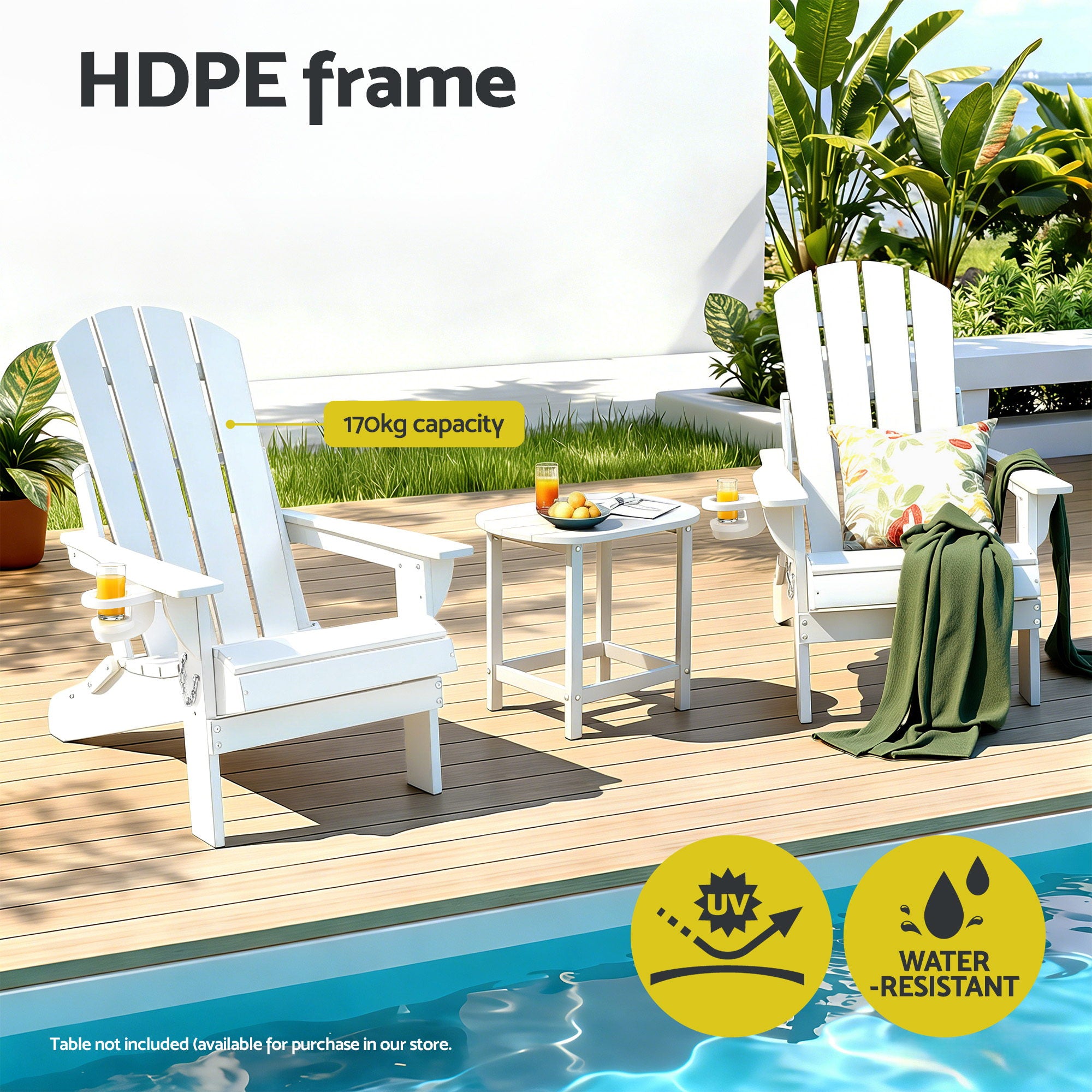 Gardeon Outdoor Chairs Folding Adirondack Beach Chair HDPE Sun Lounge Patio Furniture Garden White