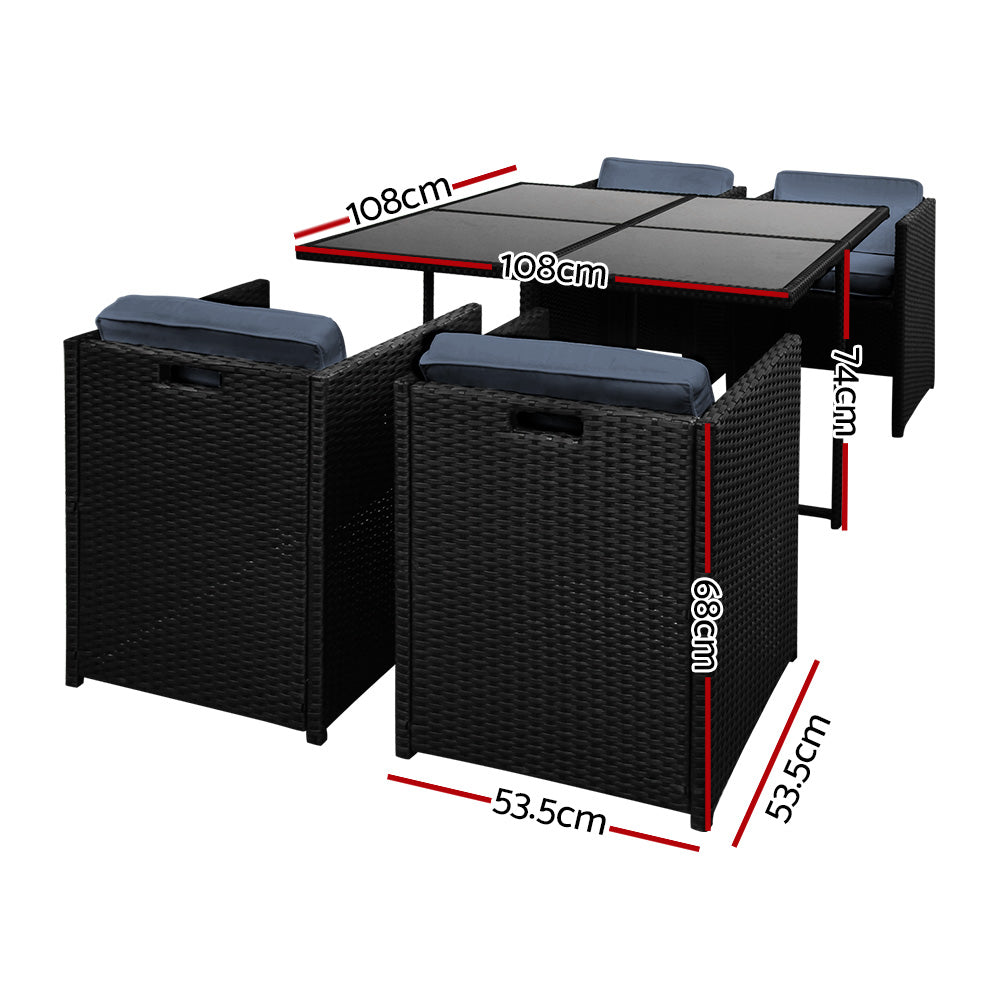 Gardeon Outdoor Dining Set 5 Piece Wicker Table Chairs Setting Black - VogueDecor.au