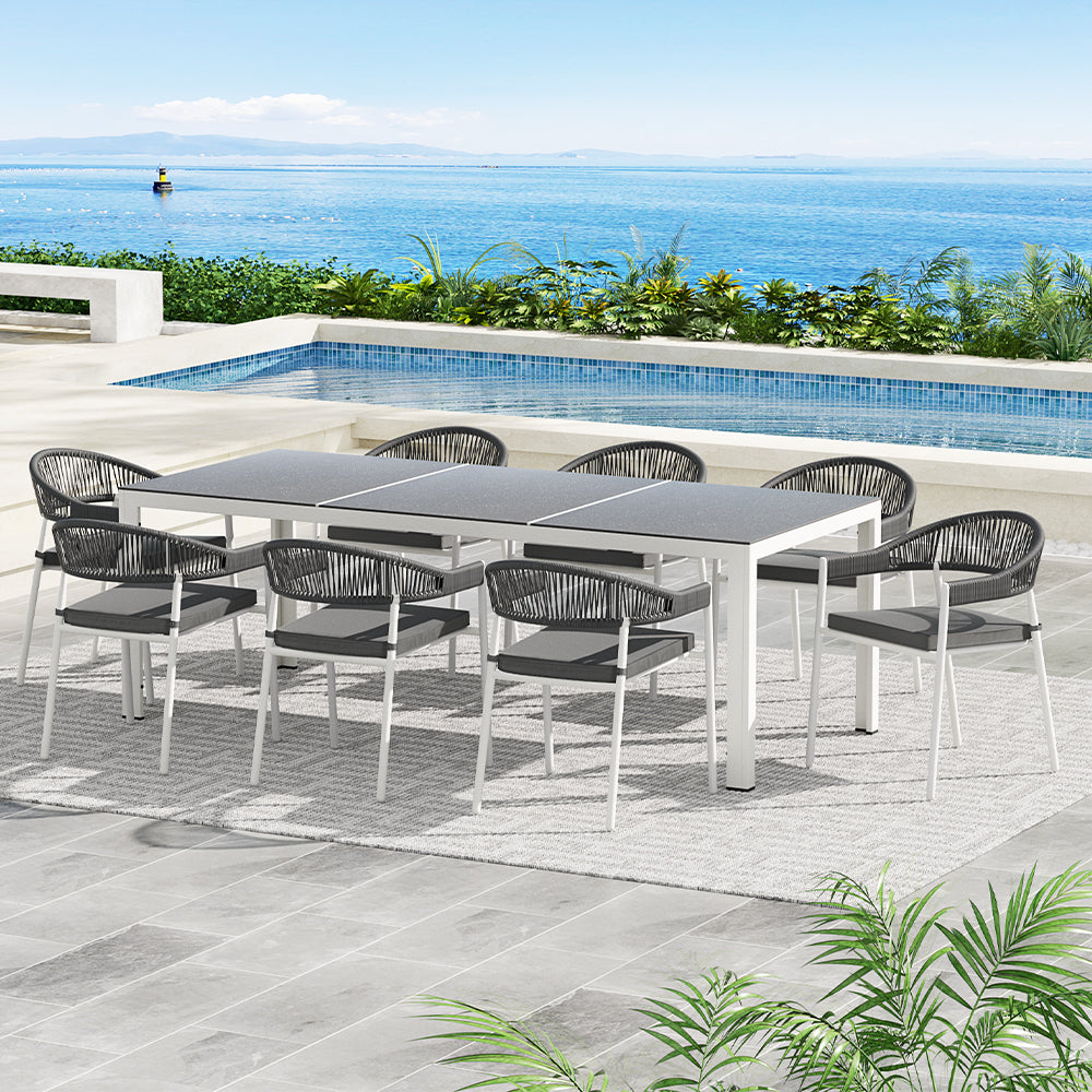 Gardeon Outdoor Dining Set 9 Piece Steel Table Chairs Setting White - VogueDecor.au