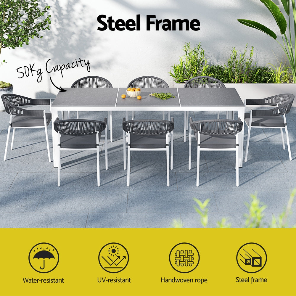 Gardeon Outdoor Dining Set 9 Piece Steel Table Chairs Setting White - VogueDecor.au