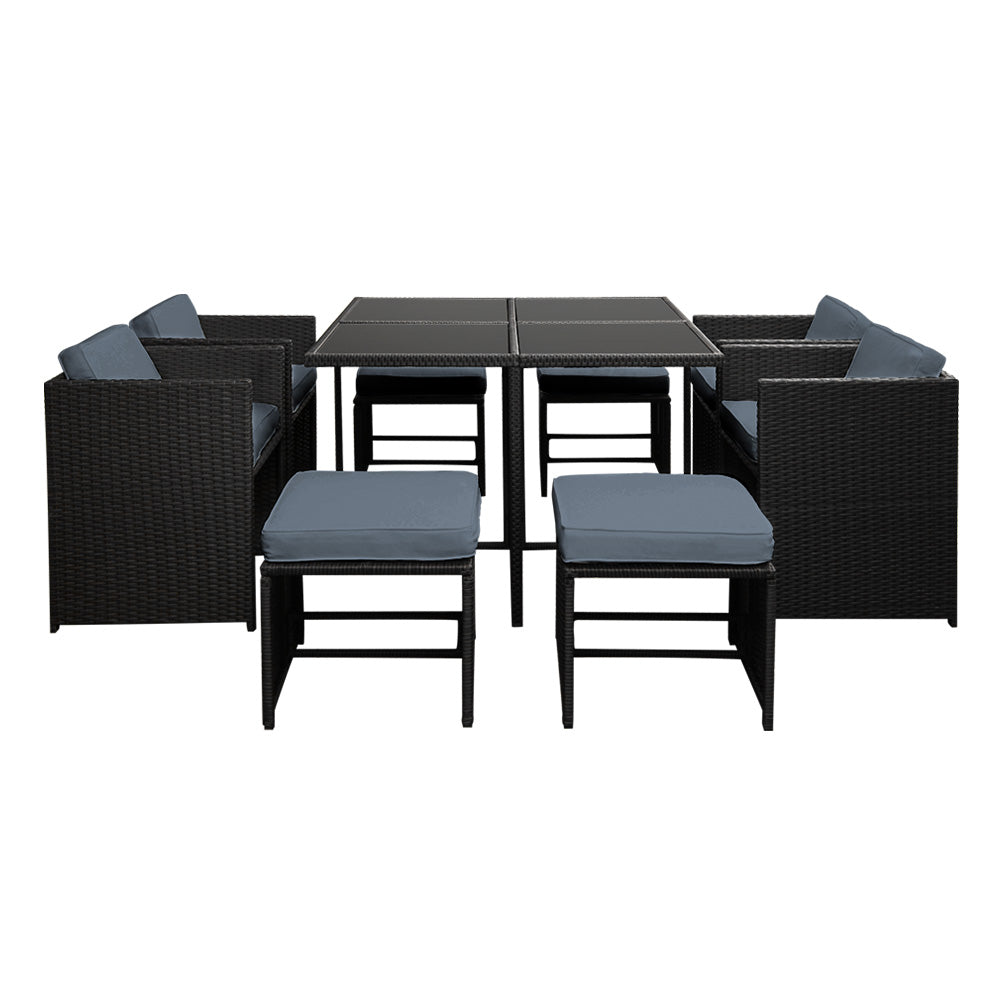 Gardeon Outdoor Dining Set 9 Piece Wicker Table Chairs Setting Black - VogueDecor.au