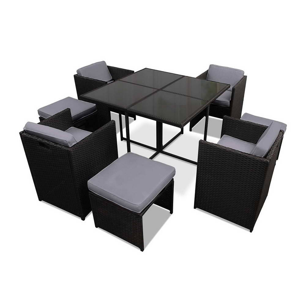 Gardeon Outdoor Dining Set 9 Piece Wicker Table Chairs Setting Black - VogueDecor.au