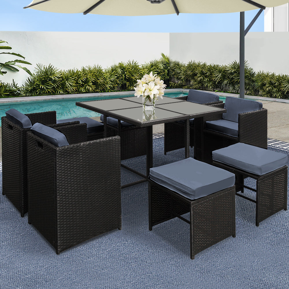 Gardeon Outdoor Dining Set 9 Piece Wicker Table Chairs Setting Black - VogueDecor.au