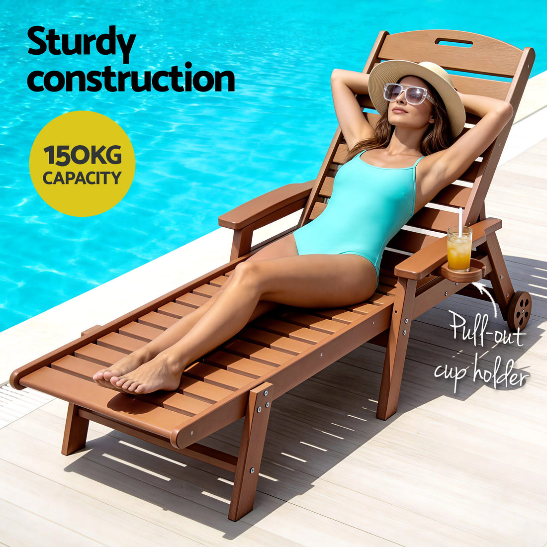 Gardeon Sun Lounge Lounger Beach Chair HDPE Patio Outdoor Furniture with Wheels Brown