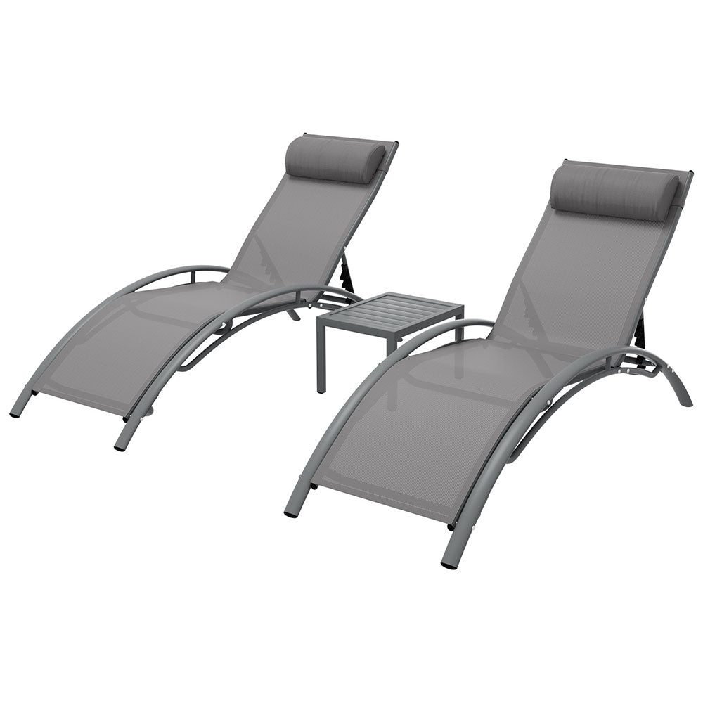 Gardeon 3PC Sun Lounge Outdoor Lounger Steel Table Chairs Patio Furniture Grey - VogueDecor.au