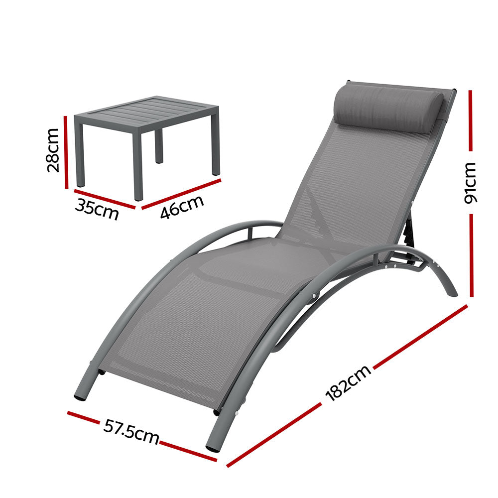 Gardeon 3PC Sun Lounge Outdoor Lounger Steel Table Chairs Patio Furniture Grey - VogueDecor.au