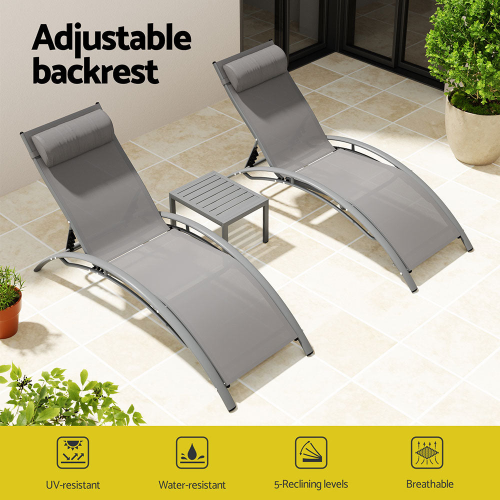 Gardeon 3PC Sun Lounge Outdoor Lounger Steel Table Chairs Patio Furniture Grey - VogueDecor.au