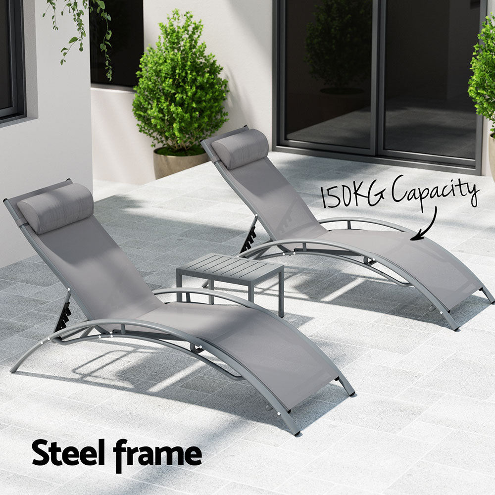 Gardeon 3PC Sun Lounge Outdoor Lounger Steel Table Chairs Patio Furniture Grey - VogueDecor.au
