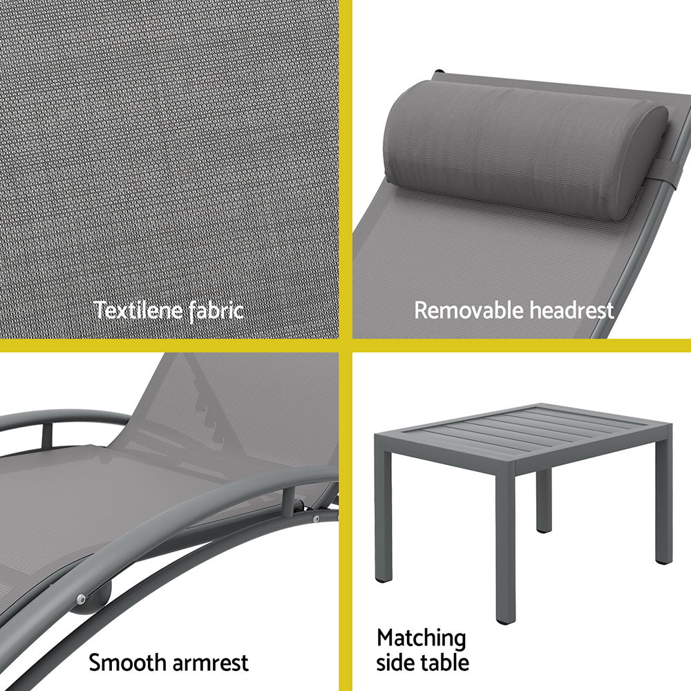 Gardeon 3PC Sun Lounge Outdoor Lounger Steel Table Chairs Patio Furniture Grey - VogueDecor.au