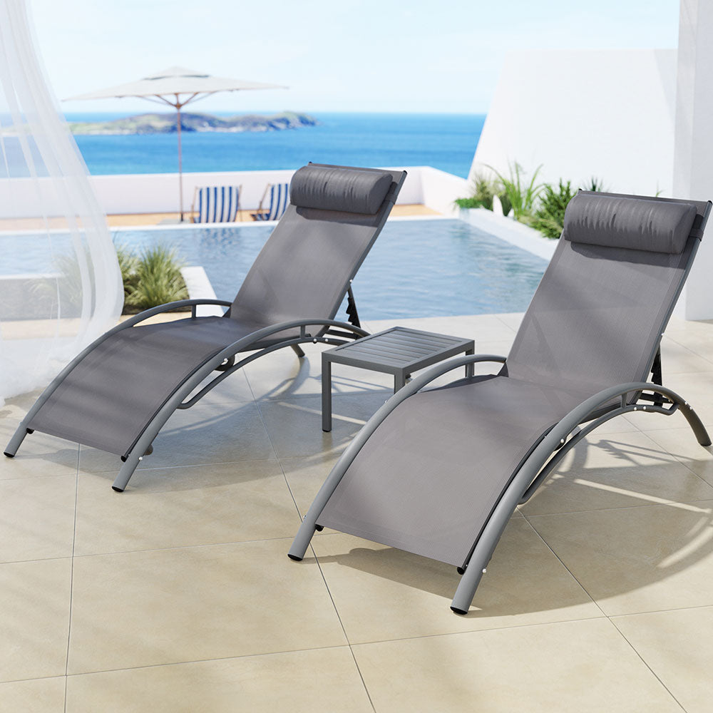 Gardeon 3PC Sun Lounge Outdoor Lounger Steel Table Chairs Patio Furniture Grey - VogueDecor.au