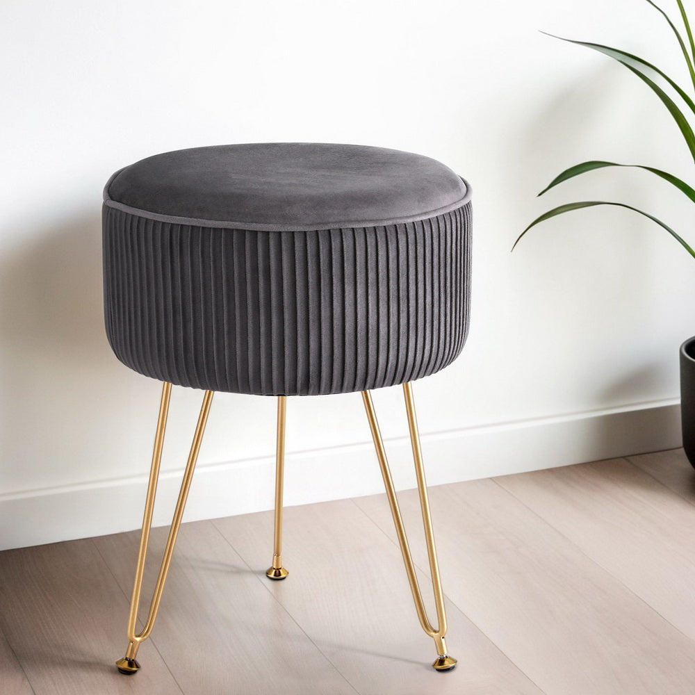 Artiss Ottoman Foot Stool Vanity Velvet Round Grey - VogueDecor.au