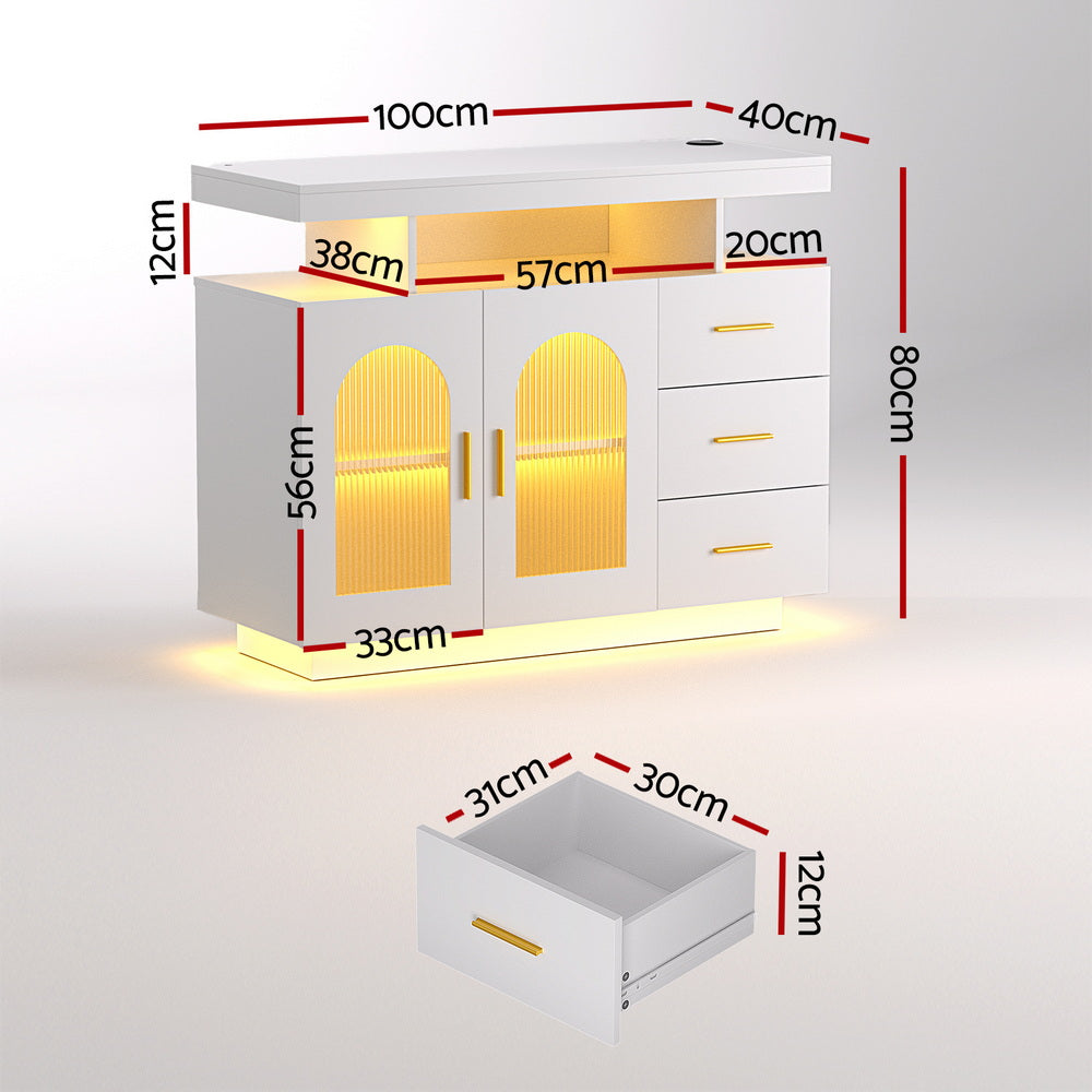 Artiss Buffet Sideboard Cabinet LED Clear Door Kitchen Storage Drawers White - VogueDecor.au