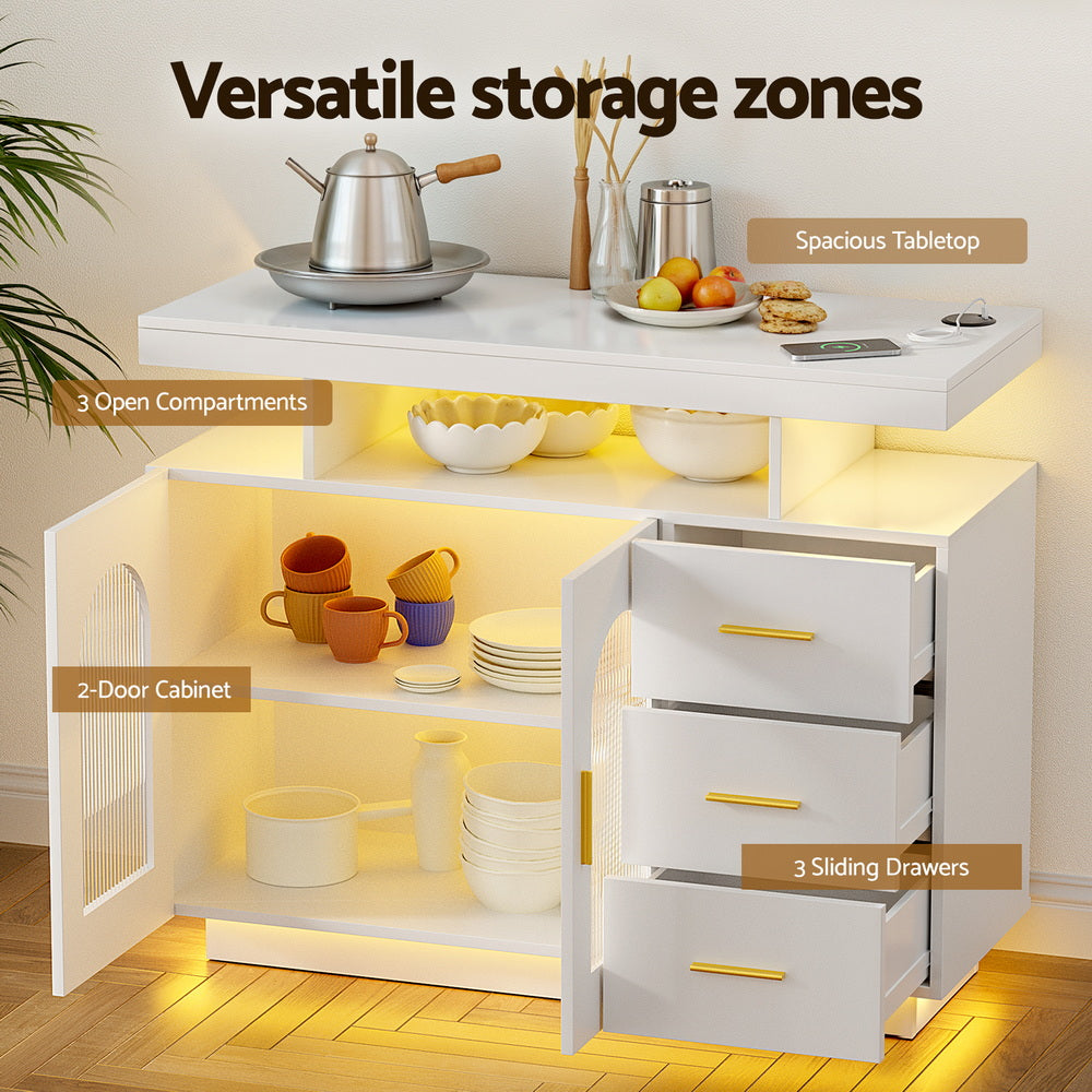 Artiss Buffet Sideboard Cabinet LED Clear Door Kitchen Storage Drawers White - VogueDecor.au