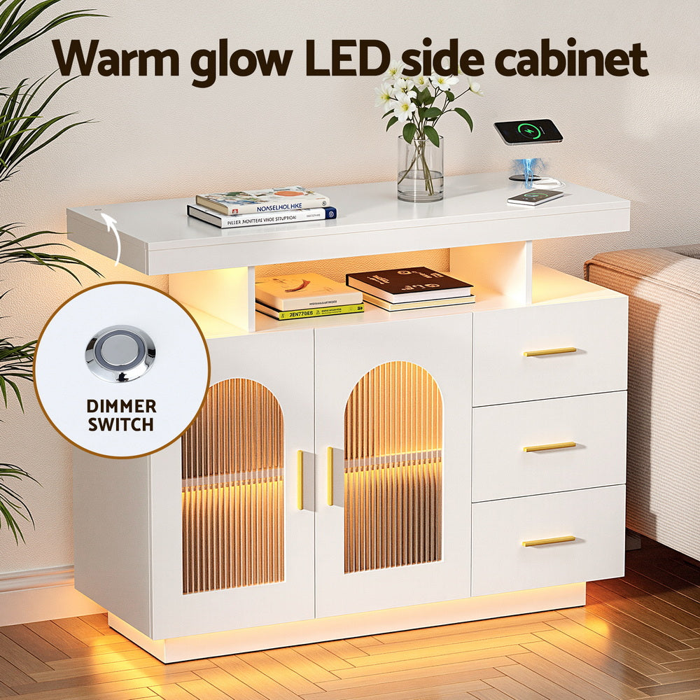 Artiss Buffet Sideboard Cabinet LED Clear Door Kitchen Storage Drawers White - VogueDecor.au