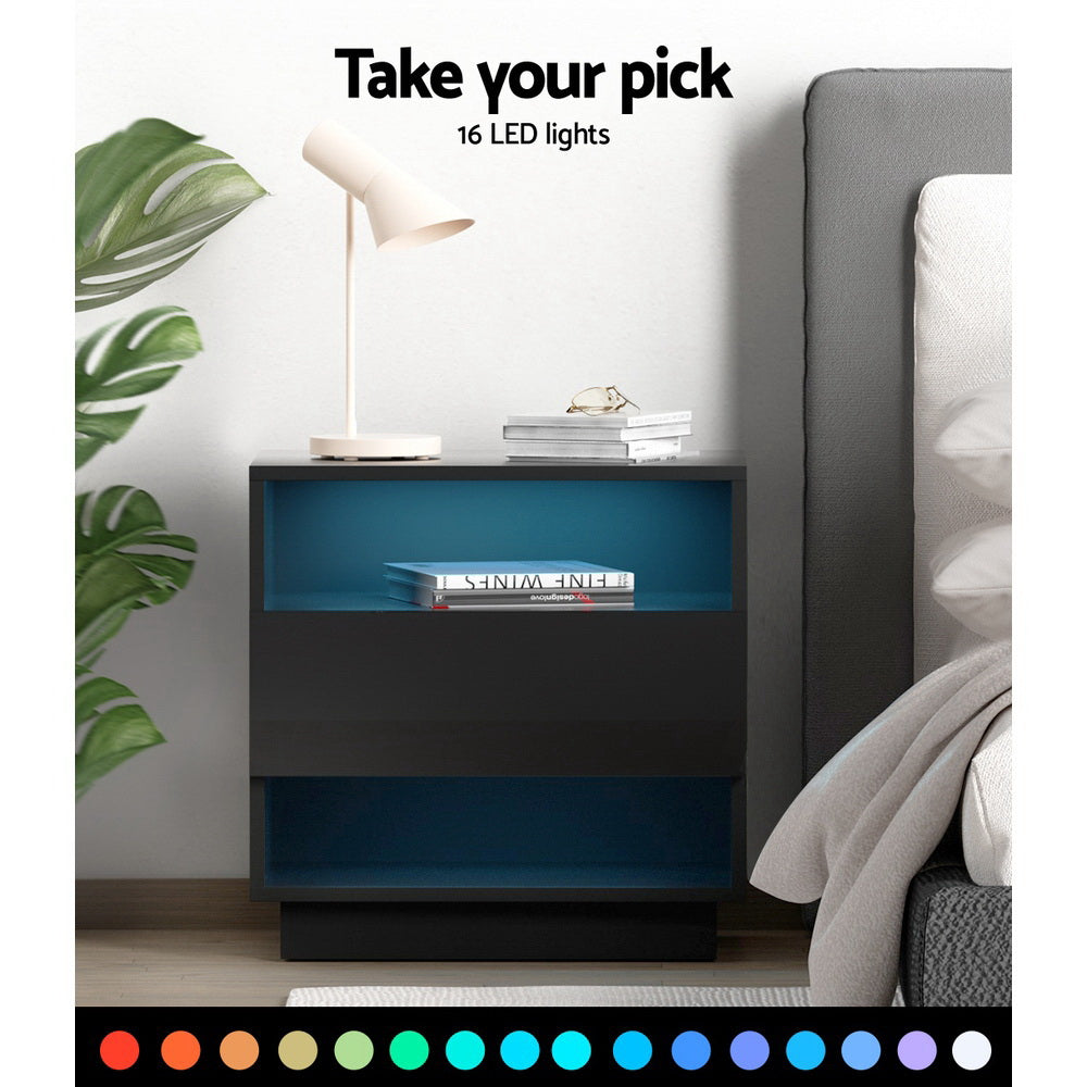 Artiss Bedside Table LED with 2 Shelves - HANA Black - VogueDecor.au