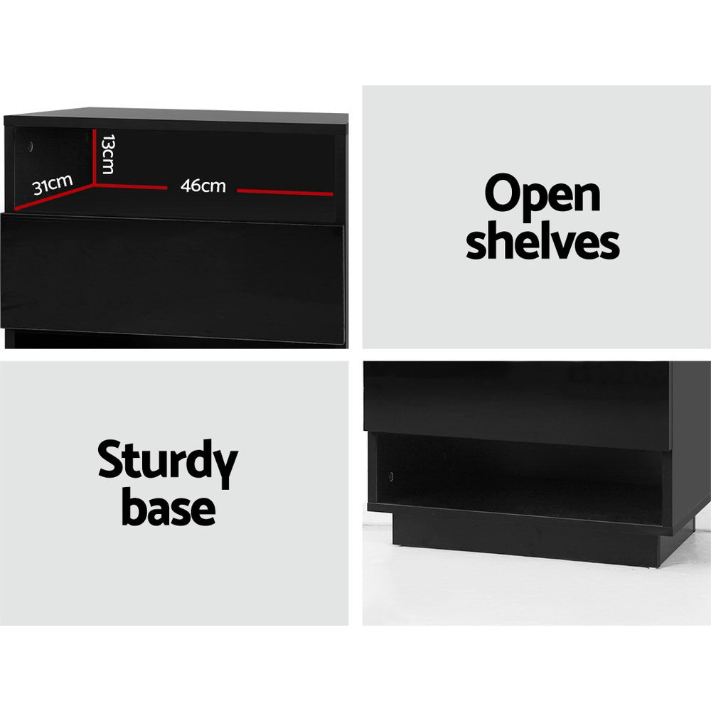 Artiss Bedside Table LED with 2 Shelves - HANA Black - VogueDecor.au