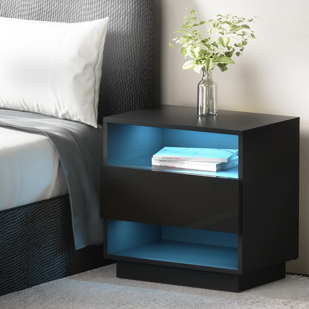 Artiss Bedside Table LED with 2 Shelves - HANA Black - VogueDecor.au